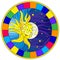 Stained glass illustration , abstract sun and moon in the sky,round image in bright frame