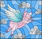 Stained glass illustration with abstract winged pig on the sky and clouds background