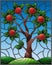 Stained glass illustration with an apple tree standing alone on a hill against the sky