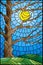 Stained glass illustration with autumn bare tree on sky background and sun