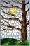 Stained glass illustration with autumn bare tree on sky background and sun