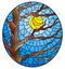 Stained glass illustration with  autumn bare tree on sky background and sun, oval image