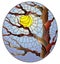 Stained glass illustration with autumn bare tree on sky background and sun, oval image