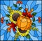 Stained glass illustration with autumn composition, bright leaves,flowers and pumpkin on blue background, rectangular image