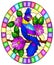 Stained glass illustration with a beautiful blue parakeet sitting on a branch of a blossoming tree on a background of leaves and s