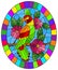 Stained glass illustration with a beautiful  parakeet sitting on a branch of a blossoming tree on a background of leaves and sky