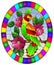 Stained glass illustration with  a beautiful  parakeet sitting on a branch of a blossoming tree on a background of leaves and sky