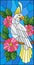 Stained glass illustration with a beautiful parakeet sitting on a branch of a blossoming tree on a background of leaves and sky
