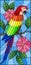 Stained glass illustration with a beautiful parakeet sitting on a branch of a blossoming tree on a background of leaves and sky