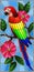 Stained glass illustration with a beautiful parakeet sitting on a branch of a blossoming tree on a background of leaves and sky