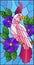 Stained glass illustration with a beautiful pink parakeet sitting on a branch of a blossoming tree on a background of leaves and