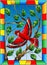 Stained glass illustration with a beautiful red bird on a background of branch of tree and sky in bright frame