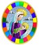 Stained glass illustration on biblical theme, Jesus baby with Mary , abstract figures on sky background with clouds, round image