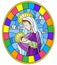 Stained glass illustration on biblical theme, Jesus baby with Mary , abstract figures on sky background with clouds, round image i