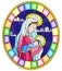 Stained glass illustration on biblical theme, Jesus baby with Mary , abstract figures on sky background with clouds, round image i