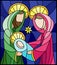 Stained glass illustration on biblical theme, Jesus baby with Mary and Joseph, abstract figures on blue background, rectangular im