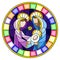 Stained glass illustration on biblical theme, Jesus baby with Mary and Joseph, abstract figures on blue background, round image in