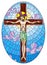 Stained glass illustration on the biblical theme, Jesus Christ on the cross against the cloudy sky and the sun, oval image