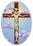 Stained glass illustration  on the biblical theme, Jesus Christ on the cross against the cloudy sky and the sun, oval image