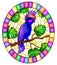 Stained glass illustration with  bird blue cockatoo parakeet on branch tropical tree against the sky,oval image in bright frame