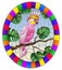 Stained glass illustration with  bird pink cockatoo parakeet on branch tropical tree against the sky,oval image in bright frame