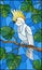 Stained glass illustration bird white cockatoo parakeet on branch tropical tree against the sky