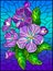 Stained glass illustration with a blossom branch , purple flowers, buds and leaves on a sky background