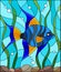 Stained glass illustration blue fish scalar on the background of water and algae