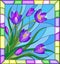 Stained glass illustration with bouquet of crocuses on a blue background in the frame