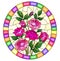Stained glass illustration with a bouquet of pink roses on a yellow background in a bright frame,oval image
