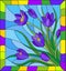 Stained glass illustration with bouquet of violet crocuses on a blue background in the frame