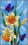 Stained glass illustration with a bouquet of yellow daffodils and blue butterflies on a blue background