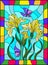 Stained glass illustration with a bouquet of yellow irises and butterflies on a blue background in a bright frame