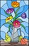 Stained glass illustration with bouquets of bright flowers in a metal jug, pears and apples on table on blue background