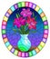 Stained glass illustration with  bouquets of bright pink lily flowers in a jug on a table on blue background, oval image in bright