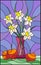 Stained glass illustration with bouquets of Narcissus flowers in a pink vase and apples on table on purple background