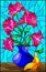 Stained glass illustration with  bouquets of pink poppies flowers in a blue vase and pears on table on a blue background