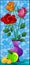 Stained glass illustration with  bouquets of roses in a purple vase and fruits on table on a blue background
