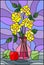 Stained glass illustration with bouquets of yellow roses flowers in a pink vase
