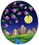 Stained glass illustration with a branch of  blossom tree on a background of mountains, starry sky , moon and river, oval image