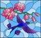 Stained glass illustration with a branch of pink Orchid and bright bird Hummingbird on a blue background
