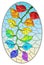 Stained glass illustration with a branch of a plant with iridescent leaves on a light background, oval image