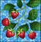 Stained glass illustration with  a branch of ripe raspberries on a blue sky background