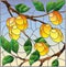 Stained glass illustration with the branches of apricot  tree , the  branches, leaves and fruits against the sky