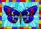 Stained glass illustration with bright blue moth on a blue background in a bright frame