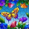 Stained glass illustration with bright butterfly against the sky, foliage and flowers