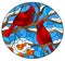 Stained glass illustration with  bright cardinal birds on snow-covered tree branches, oval image