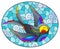 Stained glass illustration with a bright cartoon swallow and butterfly against a cloudy sky, oval image