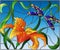 Stained glass illustration with bright dragonfly against the sky, foliage and flower of Lily