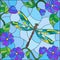 Stained glass illustration with bright dragonfly against the sky, foliage and flowers